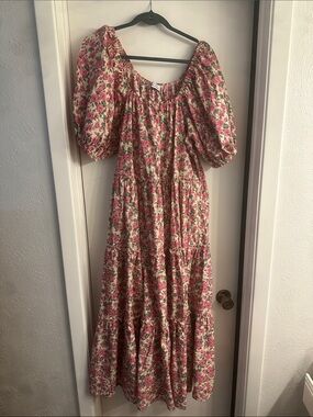 Floral Puff-Sleeve Maxi Dress in Pink and Cream from Shop Zoco
